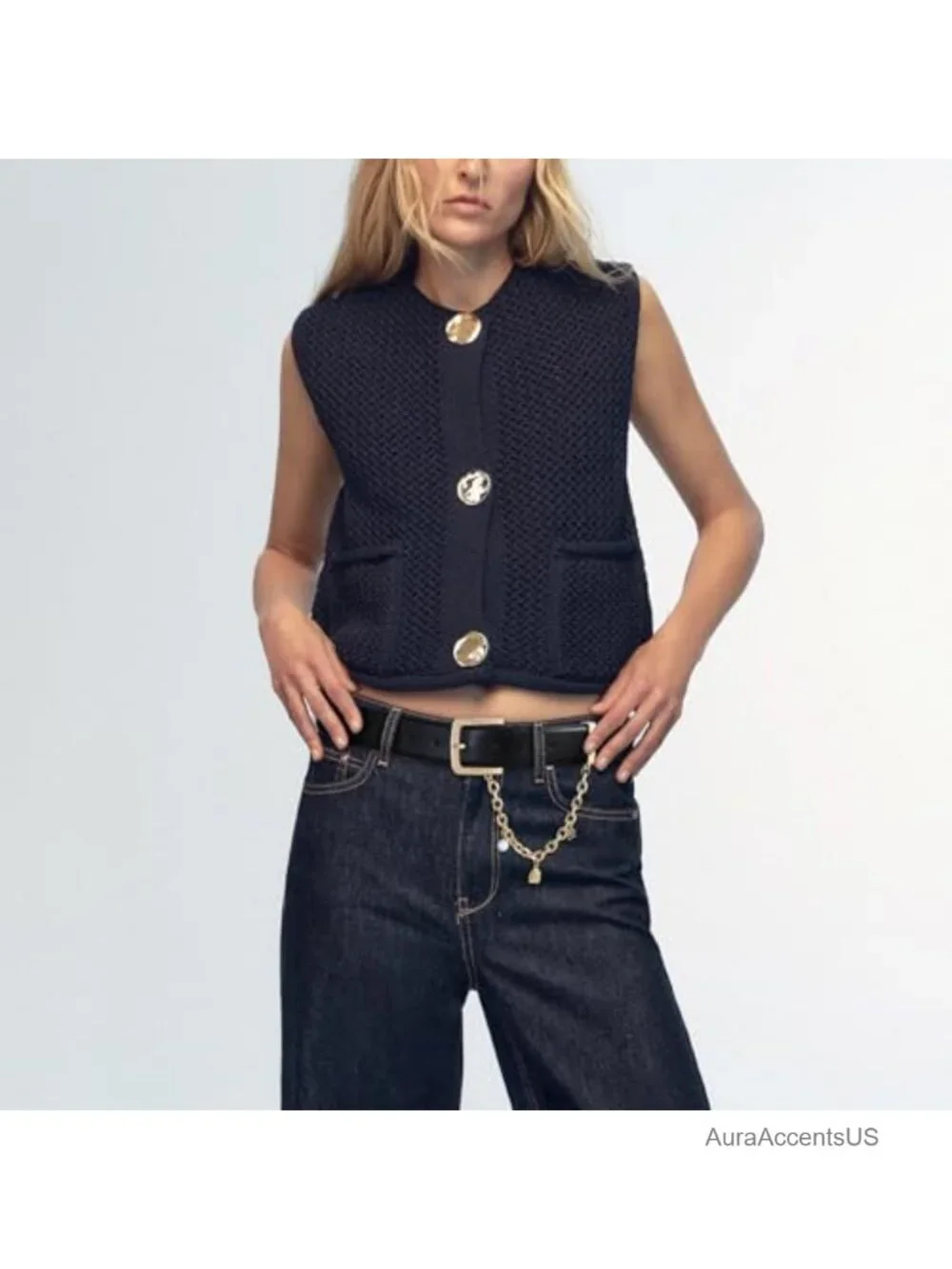 Faux Leather Belt with Gold Buckle and Chain for Women